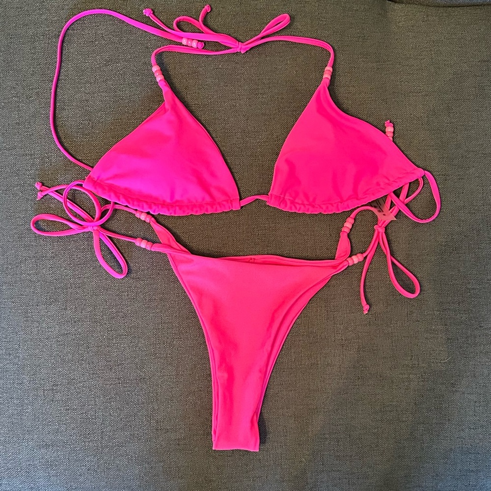 Vibrant Two Toned Pink Bikini Set with Beaded Detail on the Straps